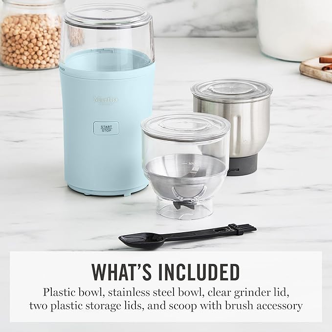 Martha Stewart Electric Coffee & Spice Grinder, Dual 2.5oz Removable Bowls, Storage Lids, Stainless Steel Blades, One Touch Pulse Control, 2-in-1 Compact, Beans & Spices, Herbs & Nuts, Sky Blue