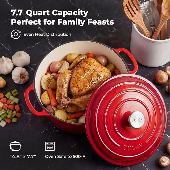 Zulay Kitchen 7.7 Quart Enameled Cast Iron Dutch Oven Pot with Lid – Premium Durability & Oven Safe up to 500°F – Heavy Duty Cookware Perfect for Bread Baking, Stews, Braising & Roasting – Ablaze Red