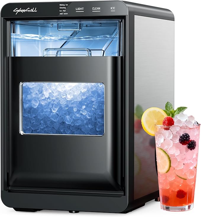 CyberChill Nugget Ice Maker Countertop 44lbs Per Day Pebble Sonic Ice Makers Machine Chewable Pellet Ice with Self-Cleaning Removable Water Tank See Through Window for Home/Kitchen/Office