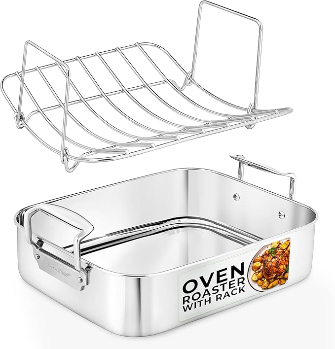 NutriChef Roasting Pan with Rack – Oven Safe Roaster w/Removable Polished Rack,Durable Warp-Resistant Bakeware, Wide Handles, Dishwasher Safe, PFOA-Free, Ideal for Turkey, Chicken, Meat & Vegetables