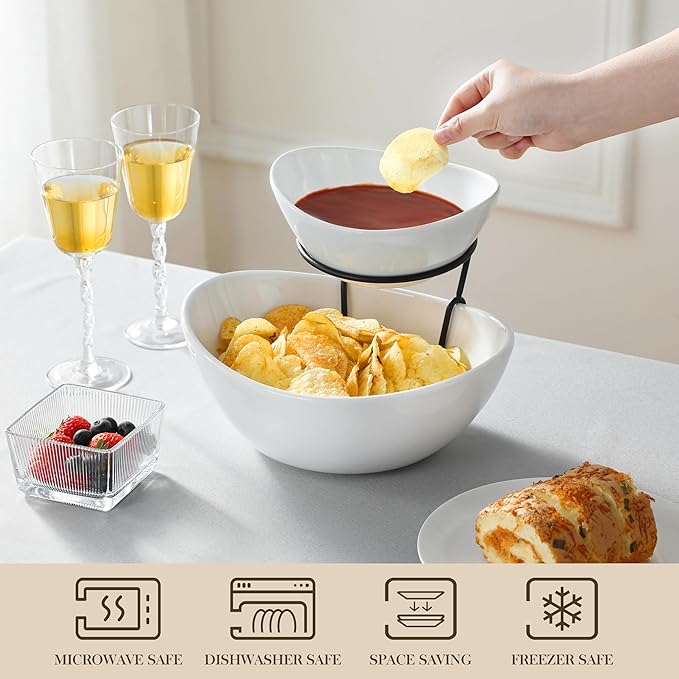 MALACASA 2 Tier Chip and Dip Serving Set with Metal Stand,Ceramic Appetizer Bowls for Party, Multi-Use Food Display for Fruits, Snacks,White Elegant Tiered Serving Dishes for Party