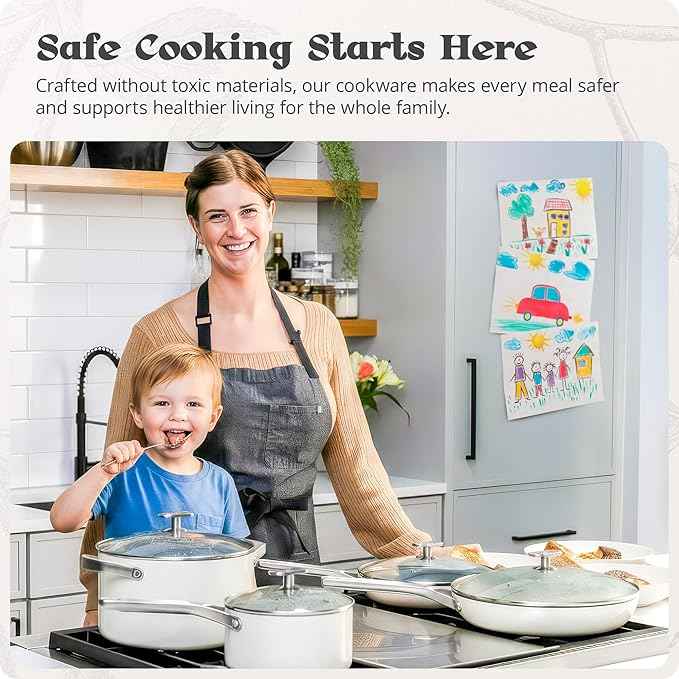 Premium Non-Toxic Ceramic Cookware Set – Triple-Layer Nonstick 12 Piece Pots and Pans with Lids, PFAS-Free, Oven Safe for Healthy Meals, Space-Saving Design, Birch White Color | Greater Goods