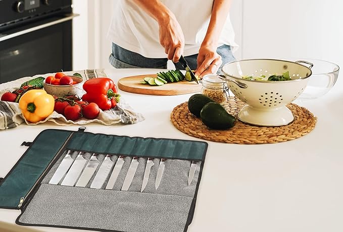Denifiter Professional Chef's Knife Bag with Anti Cutting Fabric Inside, Heavy Duty 16oz Waxed Canvas Knife Roll, 11 Slots & Durable Handle Adjustable Shoulder Strap (Dark Green)
