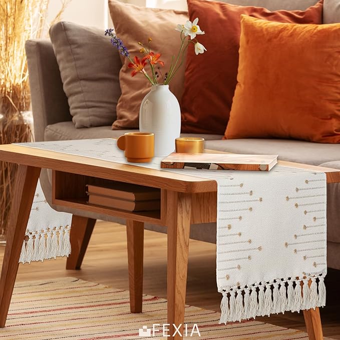 FEXIA Boho Table Runner with Tassels 90 Inches Long for Home Decor Macrame Room Decor Farmhouse Rustic Table Runners for Dining Bedroom Bridal Shower (12x90 Inches)