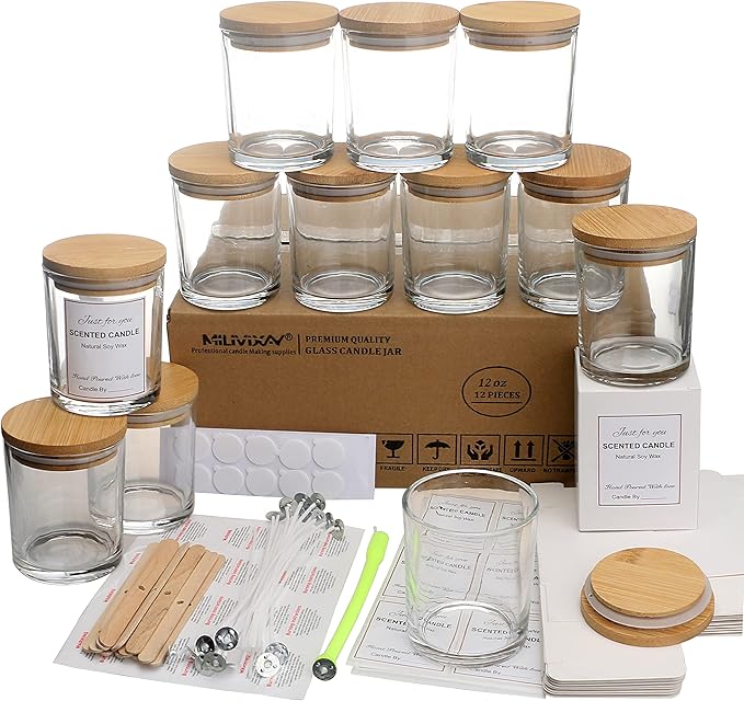 MILIVIXAY 12 Pack 12 OZ Clear Glass Candle Jars with Lids and Candle Making Kits - Bulk Empty Candle Jars for Making Candles - Spice, Powder Containers.
