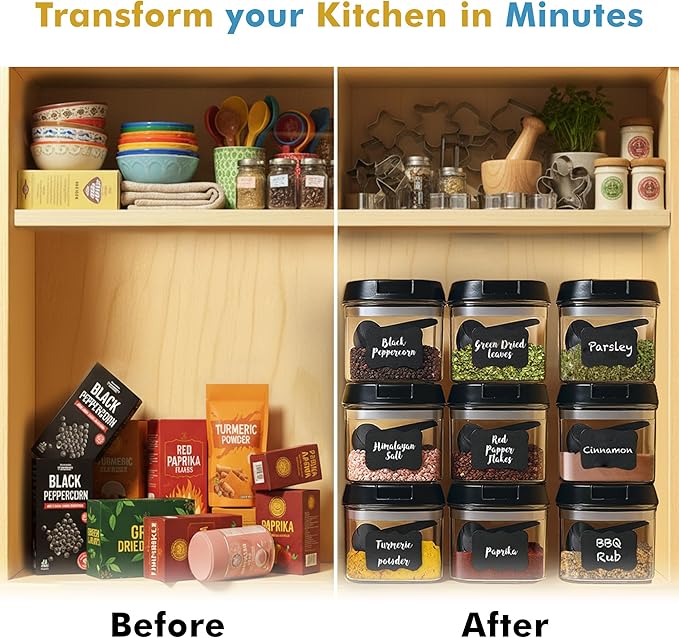 Shazo 9 PC Airtight Food Storage Containers - BPA Free Clear Plastic Snack & Spice Containers with Easy Lock Lids - Kitchen and Pantry Organization for Herbs, Coffee, Tea - 0.5L / 2.1 Cups