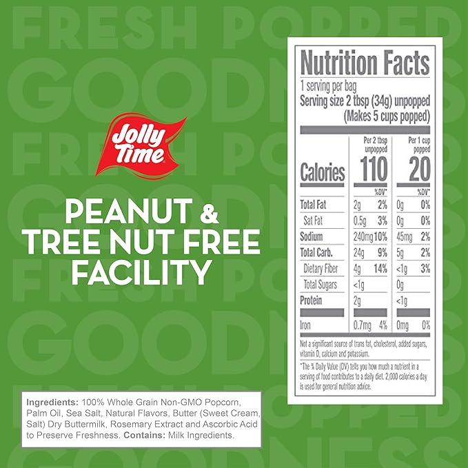 Jolly Time Healthy Pop Microwave Popcorn, 1.2oz Personal Bag, 10 Bags Per Carton (Healthy Pop 100's - Butter & Sea Salt,1.2 Ounce (Pack of 60))