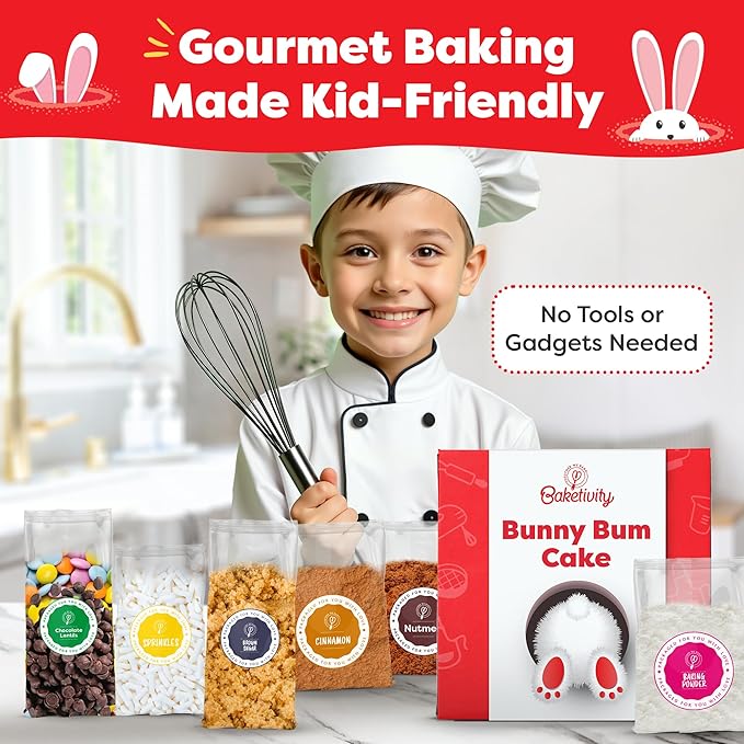 Baketivity Bunny Bum Cake - Kids Baking Kit with Premeasured Ingredients, Step-by-Step Instructions, STEM Lessons - Cake and Cupcake Decorating Kit for Kids - Cooking and Baking Kit - Best Easter Gift