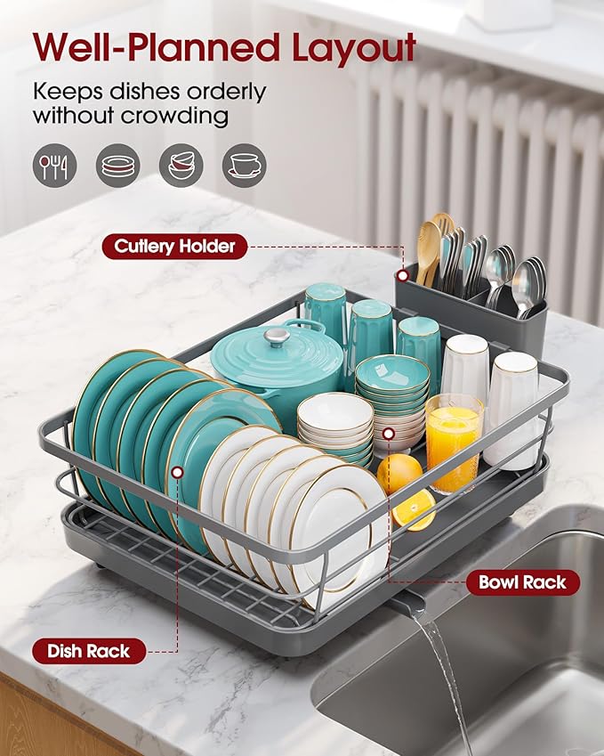 Sakugi Stainless Steel Dish Drying Rack for Kitchen Counter, Sink Organization and Storage Essentials with Silverware & Utensil Holder, Home and Apartment Decor, 12''W x 15.6''L, Gray