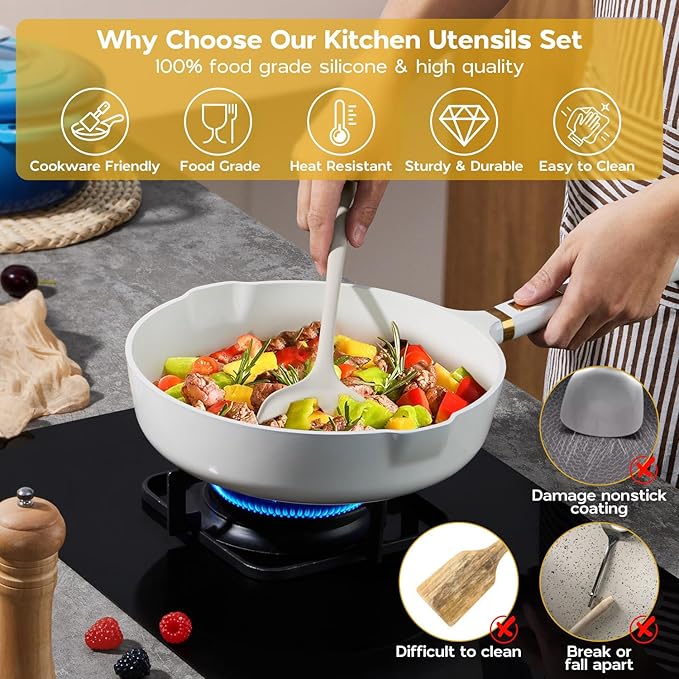 Onader Silicone Cooking Utensils Set, 6 Pieces Kitchen Utensils for Cooking, White Kitchen Utensils Gadget Set of Nonstick Cookware