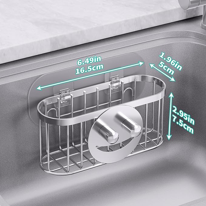 HapiRm Sink Caddy Sponge Holder - 2 Installation Ways Kitchen Sink Organizer with Smiley Face Sponge Holder, Stainless Steel Kitchen Caddy - Silver