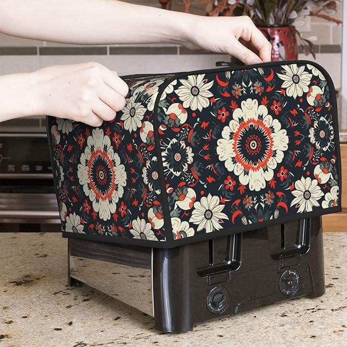 Antique Floral Tile Covers for 4 Slice Toasters,Cute Country Bread Machine Cover with Handle,Washable Stain Resistant Kitchen Small Appliance Cover Dining Decor
