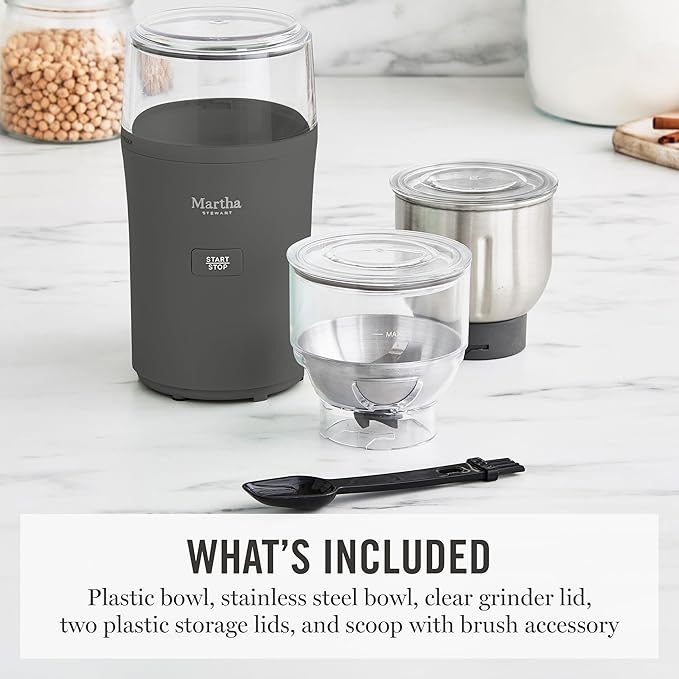 Martha Stewart Electric Coffee & Spice Grinder, Dual 2.5oz Removable Bowls, Storage Lids, Stainless Steel Blades, One Touch Pulse Control, 2-in-1 Compact, Beans & Spices, Herbs & Nuts, Caviar Gray