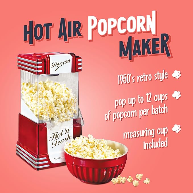 Nostalgia Retro Hot Air Popcorn Maker – 12 Cups Oil Free Popping – Countertop Machine with Measuring Cup – Healthy Snacks & Movie Nights – Red