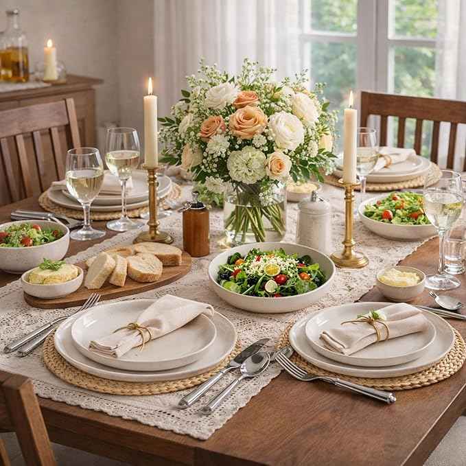 AmorArc Ceramic Dinnerware Sets, Handpainted Plates and Bowls Set with Rustic Terracotta Underside, Scratch Resistant Stoneware Dishes Set, Dishwasher & Microwave Safe