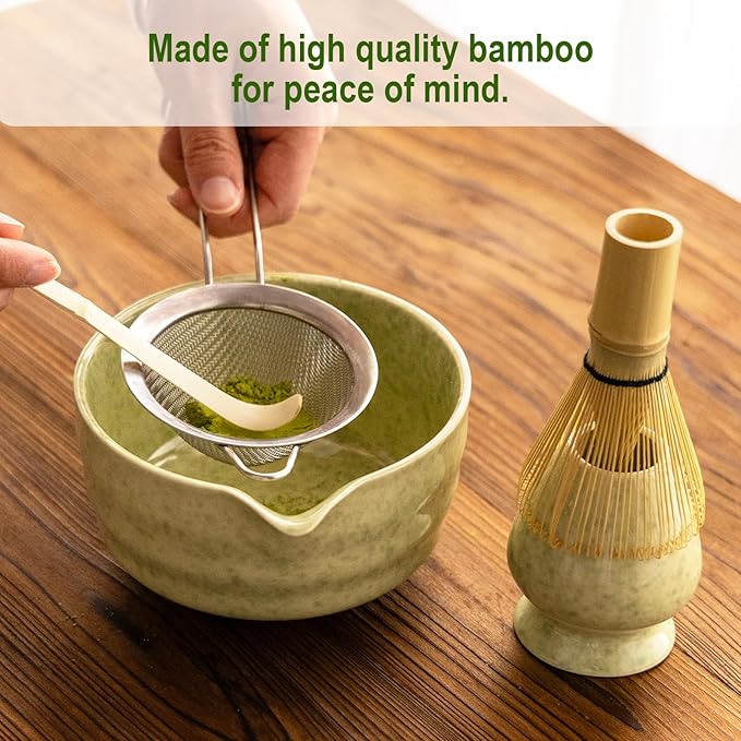 Matcha Whisk Set,Ceramic Matcha Set,with Ceramic Bowl,Bamboo Whisk&Holder,Scoop,Authentic Japanese Matcha,for Matcha Lovers,Gift for Family/Friend(tea green)