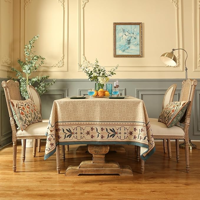 patdrea Designer French Linen Long Tablecloth for Rectangle Table,Beige Anti-Wrinkle Floral Farmhouse Table Cloth,Decor Covers for Kitchen Dining,Tea Party,Christmas,Thanksgiving,63"x102"-Fram