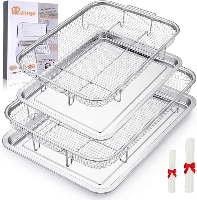 Air Fryer Basket for Oven, 2 Set Oven Air Fryer Basket and Tray with 60 PCS Parchment Papers, Stainless Steel Air Fryers Pan and Crisper Tray for for Baking Cooking and Frying(15.6"X11.6" & 13"X9.7")