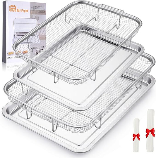 Air Fryer Basket for Oven, 2 Set Oven Air Fryer Basket and Tray with 60 PCS Parchment Papers, Stainless Steel Air Fryers Pan and Crisper Tray for for Baking Cooking and Frying(15.6"X11.6" & 13"X9.7")