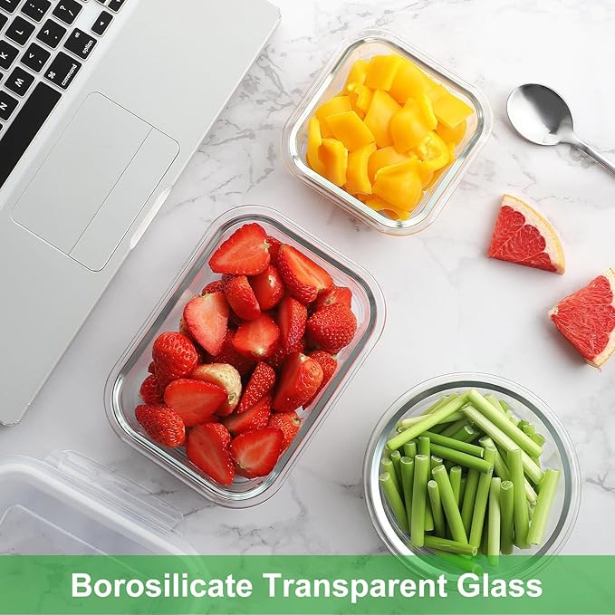 HOMBERKING 18 Piece Glass Food Storage Containers with Lids, Glass Meal Prep Containers, Airtight Lunch Bento Boxes, BPA-Free & Leak Proof, Oven, Freezer and Dishwasher Safe (9 lids & 9 Containers)
