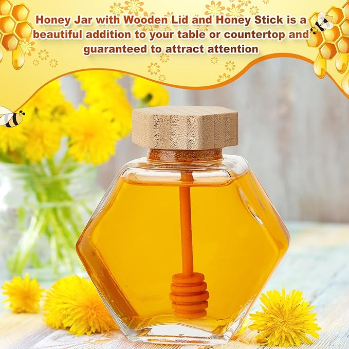 Sunnyray 20 Pcs Glass Honey Jars with Dipper Hexagonal Clear Glass Dispenser Small Honey Containers Bottle with Wooden Dipper and Cork Lid for Home Storage Kitchen (100 ml)