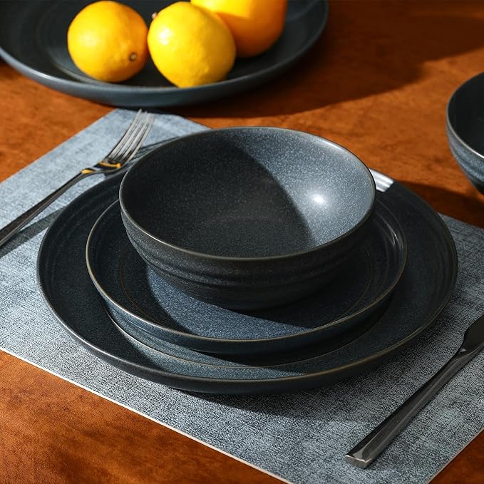Stone Lain Elio 12-Piece Dinnerware Set Stoneware, Plates and Bowls Set, Dish Set for 4, Blue
