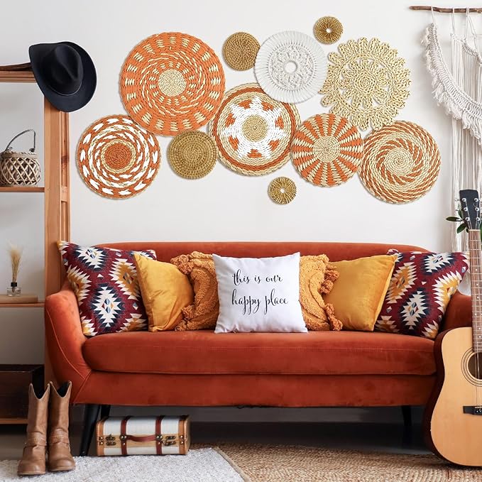 Tatuo 11 Pcs Boho Wall Basket Decor Bulrush Woven Wall Hanging Art Round Farmhouse Rustic Handmade Wicker for Summer Home, Bedroom, Living Room, Kitchen Decorations, Multi Sizes(Delicate)