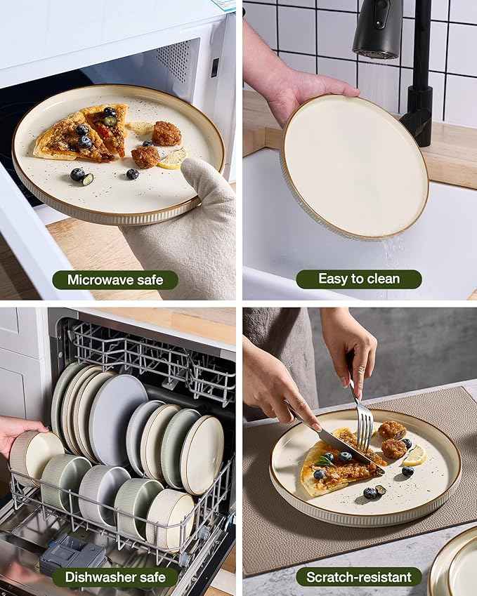 Famiware Star Dinnerware Set, Plates and Bowls Sets for 6 (18pcs), Ribbed Stoneware Dishes - Chip & Scratch Resistant, Microwave & Dishwasher Safe Kitchenware, Cream