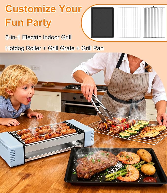 3-in-1 Electric Grill with Hot Dog Roller, Portable Indoor Outdoor BBQ Grill, Griddle and Sausage Roller Machine with Removable Non-Stick Plate & Drip Tray, for Tailgate, Camping, RV, Home Kitchen