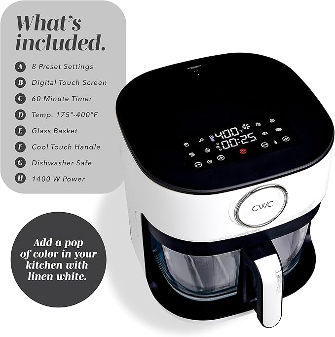 COOK WITH COLOR 1400W 5.5Qt Digital Kitchen Air Fryer with Glass Basket, 8 Presets Healthy Cooking Options, Bake, Fry, Reheat, 60-Min Timer, Adjustable Temperature Control 175°F–400°F, Linen White