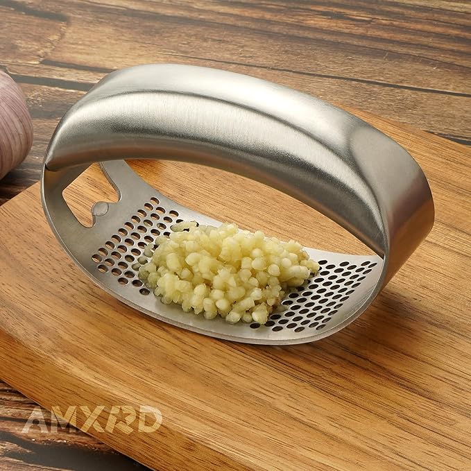Garlic Press Rocker & Silicone Peeler, Stainless Steel Garlic Mincer Crusher Squeezer Kitchen Tool