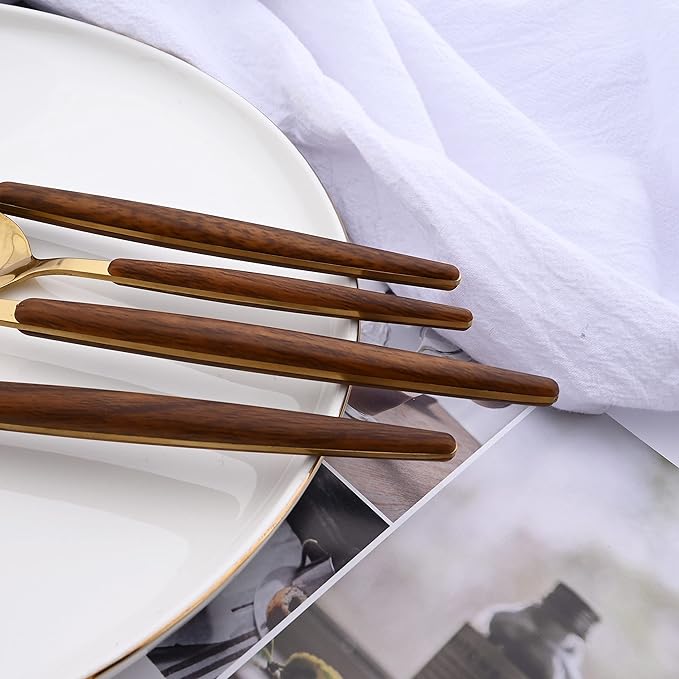16-Piece Silverware Set with Cake Fork, Gold Stainless Steel Flatware Cutlery Set, Eating Utensils Set with Wooden effect Handle, Include Knife Fork Spoon, Mirror Polished, Dishwasher Safe
