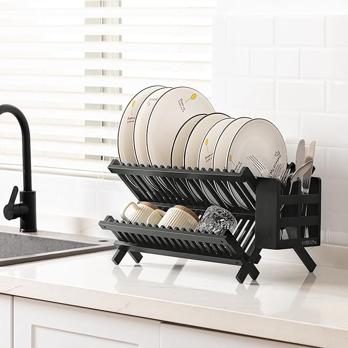 HBlife Dish Rack, Bamboo Folding 2-Tier Collapsible Drainer Dish Drying Rack with Utensils Flatware Holder Set (Dish Rack with Utensil Holder)