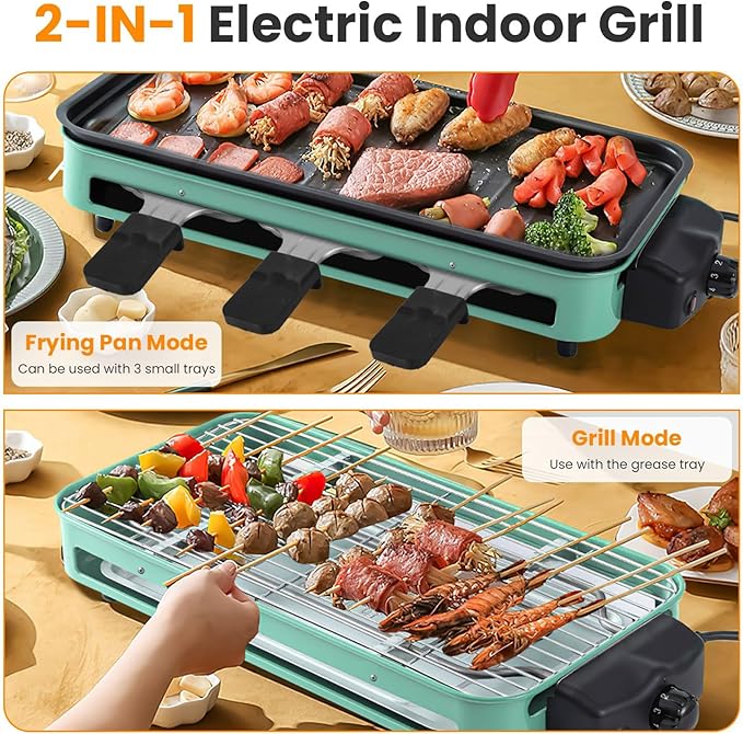 TeqHome 1500W Electric Indoor Grill,2 in 1 Smokeless Raclette Table Grill for Kitchen,Barbecue Korean BBQ Grill with Grill Net,Non-Stick Cooking Removable Plate & 5 Temperature Control，Dishwasher Safe