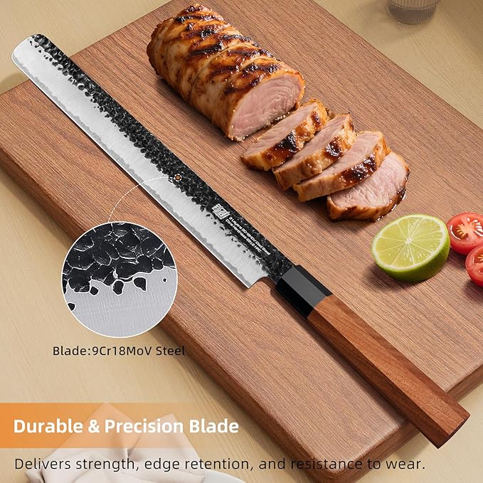 FINDKING Brisket Slicing Knife 12 Inch, Carving Knife for Meat, BBQ, Roasts, Turkey and Ham, High Carbon Steel Blade, African Rosewood Octagonal Handle, Dynasty Series