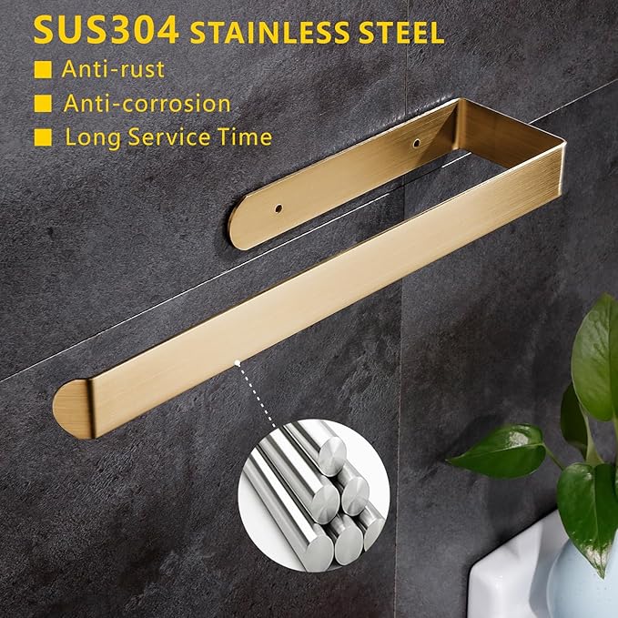 Self Adhesive Paper Towel Holder Under Cabinet Mount, 304 Stainless Steel Wall Mount Paper Towel Roll Rack for Kitchen Cabinet, Bathroom (Gold)