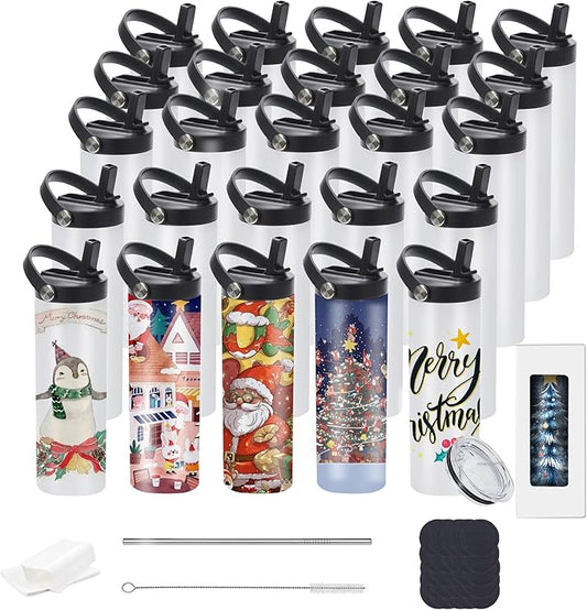 25 Pack 20oz Sublimation Tumblers Bulk, Flat Edge Sublimation Tumbler Blank, Skinny Straight Stainless Steel Blanks Cups with Individual Box(25, HNADLE LID A)