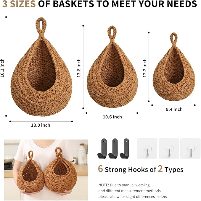 Boho Wall Hanging Fruit Baskets for Kitchen 3 Pack Woven Produce Holder with 6 Pcs Strong Hooks Vegetable Hanging Basket for Organizing Teardrop Home Wall Potato Onion Storage, Caramel