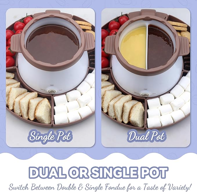 Party Desserts Electric Fondue Pot Set with 2 Pots, Melting Chocolate Warmer for Dipping, Candy & Chocolate Melting Pot, Fondue Pot Electric Set, Fondue Forks Included, 2.5 Cups, Brown