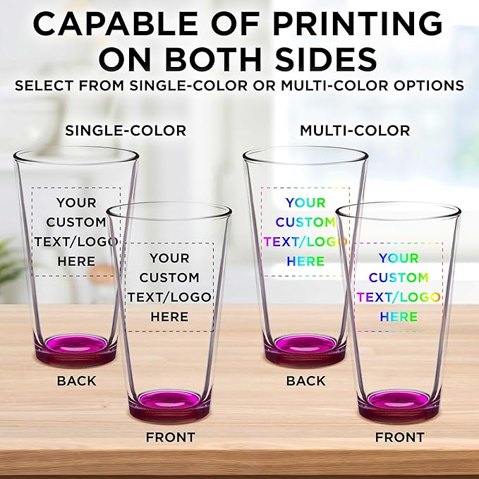 Custom Arc Pint Glass 16 oz. Set of 50, Personalized Bulk Pack - Beer Glasses, Heavy Duty Drinkware - Pink