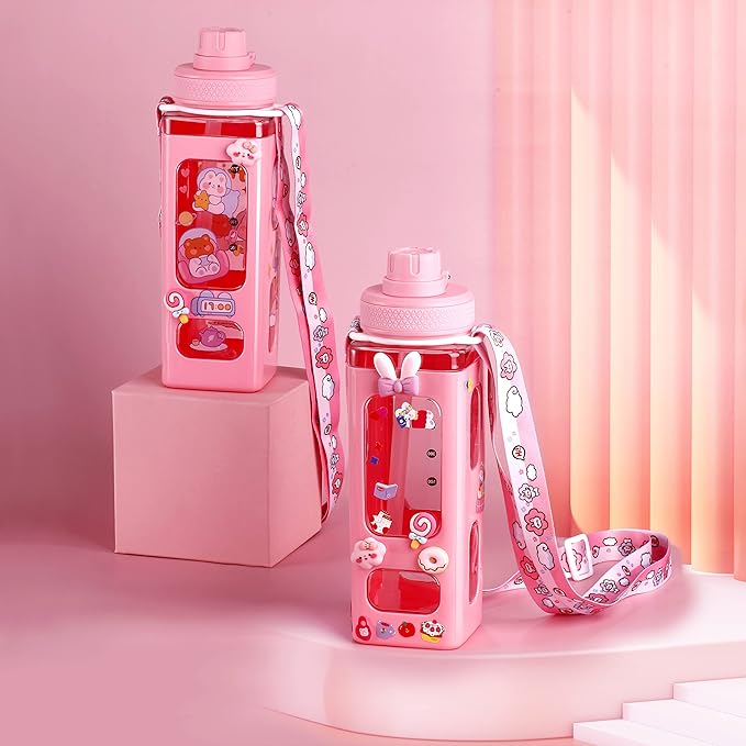 Kawaii Bear Pastel Water Bottle With 3D Sticker 700ml Plastic Travel Tea Juice Milk Portable Cute Shaker Drink Bottle Gift (Pink)