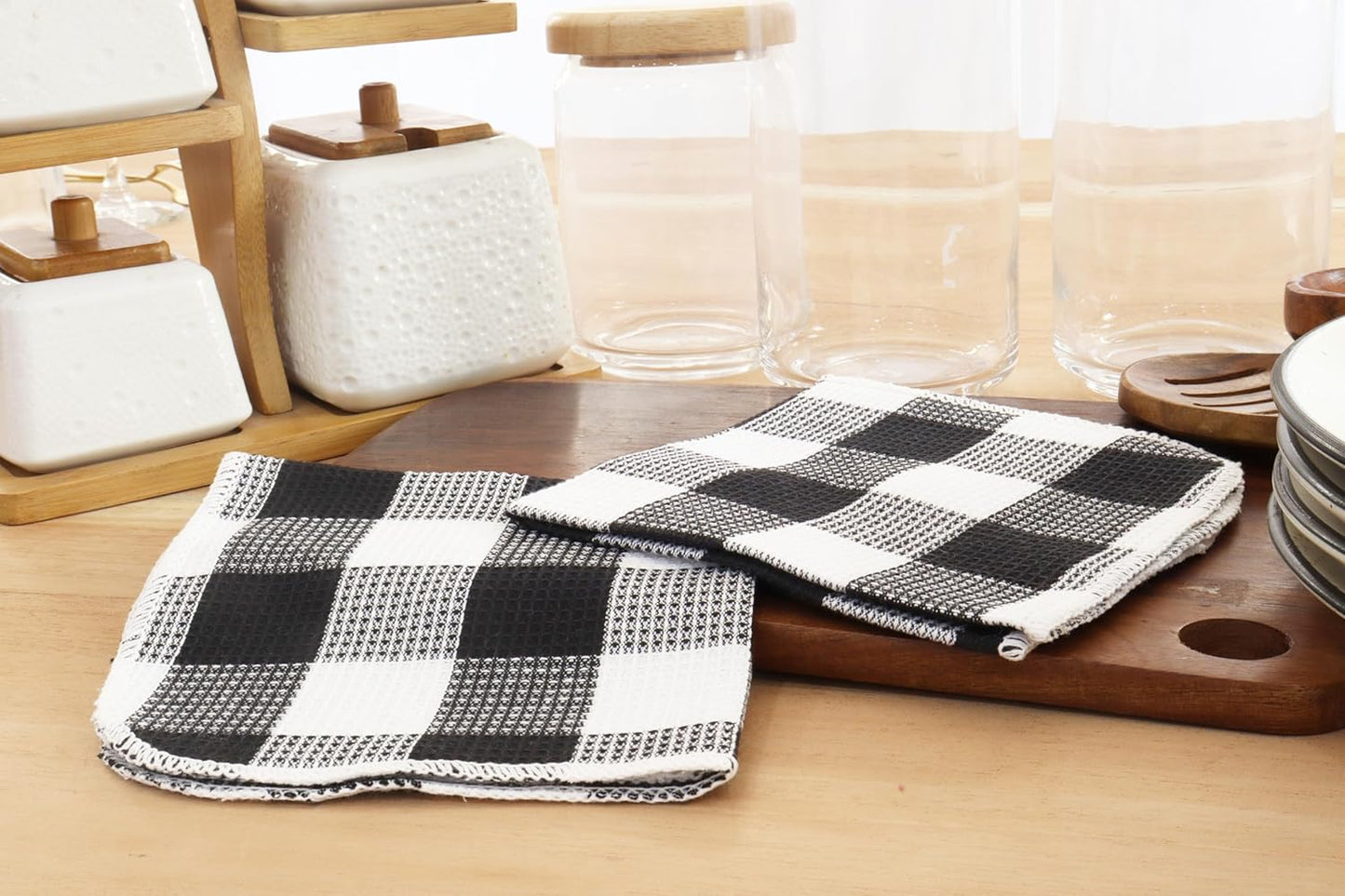 PurpleEssences Waffle Weave Plaid Dish Cloths, 100% Cotton - 12 x 12 Inches, Ultra Soft Absorbent Quick Drying Dish Towels Buffalo Check Dish Rags for Kitchen, 8 Pack - Spring Summer - Black & White