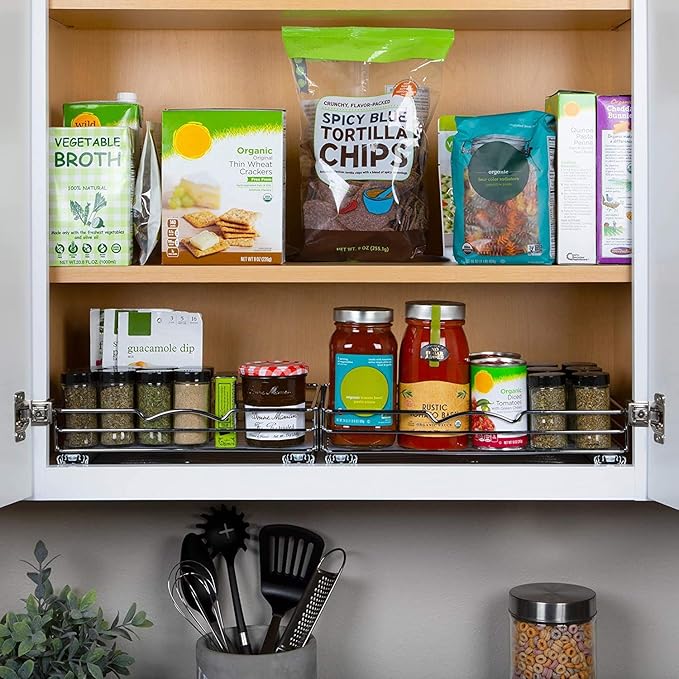 Pull-Out Cabinet Spice Rack Organizer - Slim Slide-Out Storage for Spices, Bottles & Jars, Premium Heavy-Duty Steel, Easy Install for Narrow Kitchen Cabinets - 12 ⅜ W x 10 ⅜ D x 2 ¾ H, Chrome