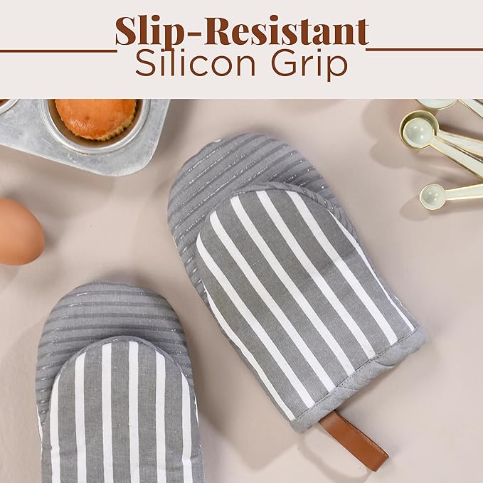 Folkulture Oven Mitts - Set of 2 (5.75"x9") | Gray Striped Oven Mitts with Hanging Loop for Cooking Gifts for Women, Kitchen Decor| 100% Cotton, Silicone Heat Resistant Mini Mitts, House Warming Gifts