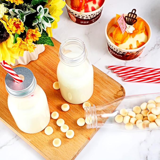 Yinkin 20 Sets Plastic Milk Bottles with Straws Lids Clear Plastic Containers for Dairy Milk Party Bottle for Juices Shakes Smoothies (8 oz,Red,White)