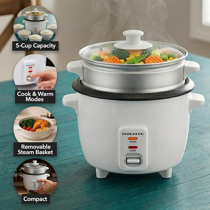 OVENTE Electric Rice Cooker and Food Steamer – 10-Cup Cooked Capacity (5 Cups Uncooked), Nonstick Removable Pot, Keep Warm Function, Steaming Basket, Measuring Cup & Spatula Included, White RCS01W