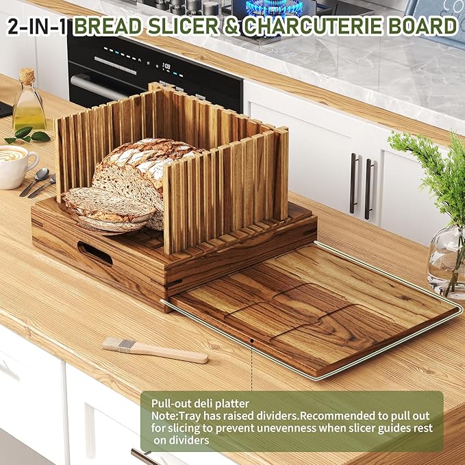 Acacia Wood Bread Slicer for Homemade Bread and Sourdough, Adjustable Width up to 10.4", 2-in-1 Bread Cutter with Pull-Out Serving Tray, Large Wide Capacity Bread Making Tool