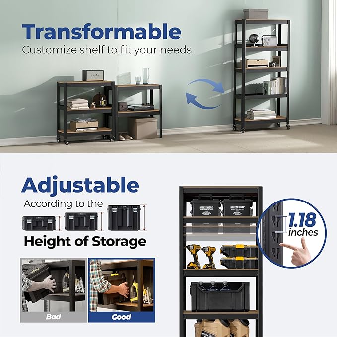 HOMEDANT House 5-Tier Metal Rolling Cart Shelf Rack Casters Heavy Duty Laminated Wheel Shelving Unit Adjustable Utility Storage Shelves Organizer Shelf Kitchen Garage 24.4" W x 16.5" D x 62.2" H 4Pack