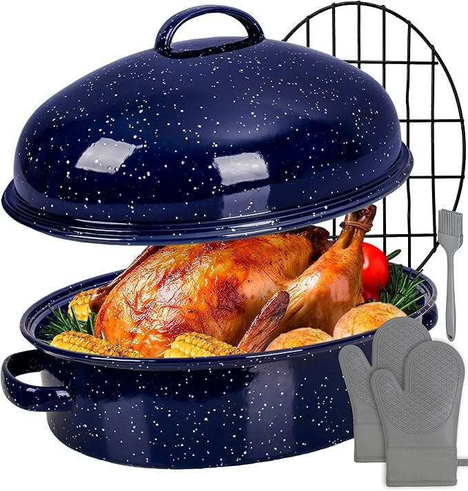 Roasting Pan with Lid and Rack 18" Deep Large Oval Enamel Roaster Pan, Oven Dishwasher Safe Non-Stick Non-Toxic Baking Pan for Chicken Turkey Ham Steak Roasts & Bread Birthday Mothers Day Gift