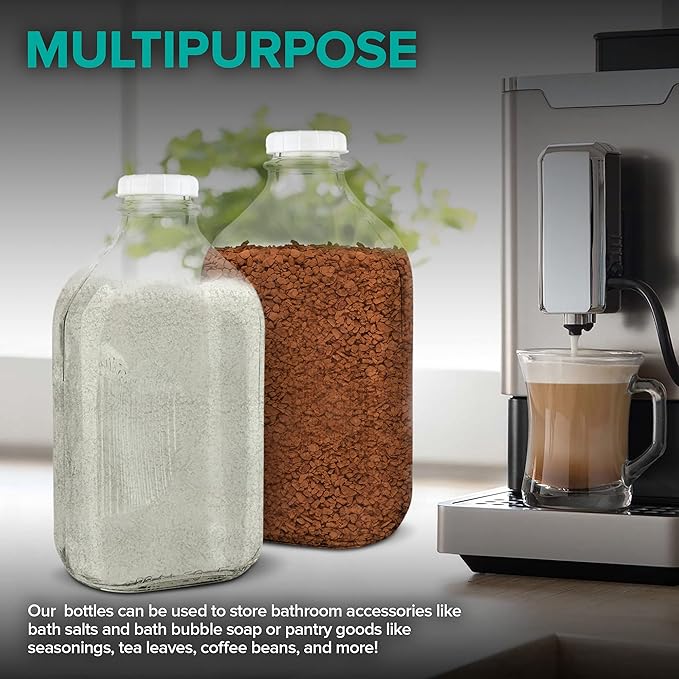 Stock Your Home Half Gallon Glass Bottle with Lid (1 Pack) 64 Oz Jugs and 3 White Caps, Reusable Food Grade Container for Refrigerator, Bottles for Juice, Oat or Plant Milks, Water, Honey